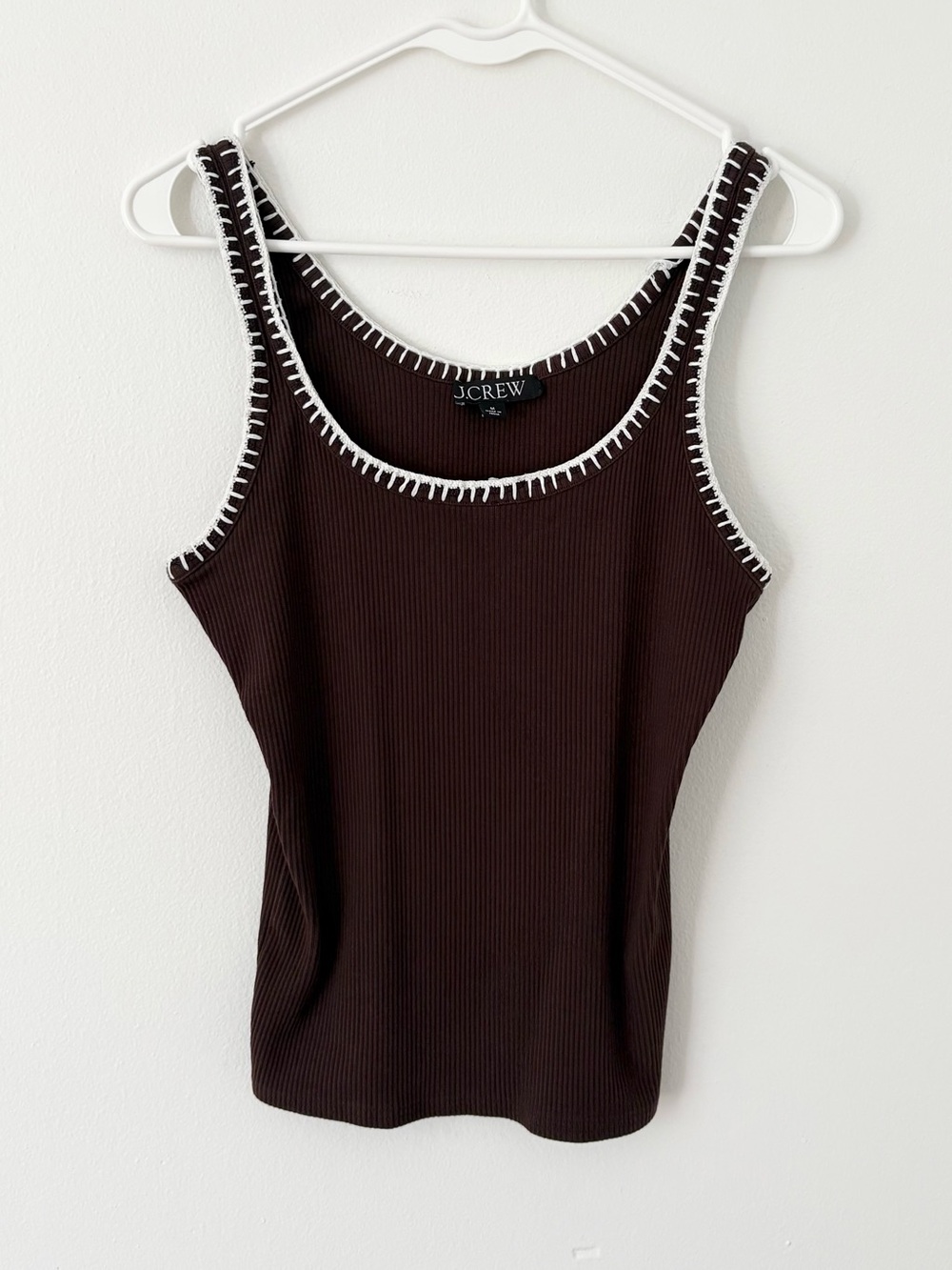 J Crew Brown Ribbed Scoop Neck White Braided Neckline Tank Top Size Medium - Picture 3 of 9